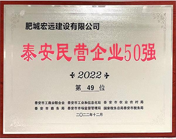 肥城宏遠(yuǎn)建設(shè)有限公司入圍2022年度泰安民營企業(yè)50強