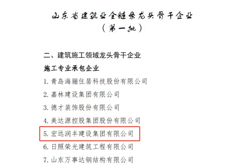 喜報！宏遠潤豐建設集團有限公司榮獲山東省建筑業(yè)全鏈條龍頭骨干企業(yè)（外出施工領域類）